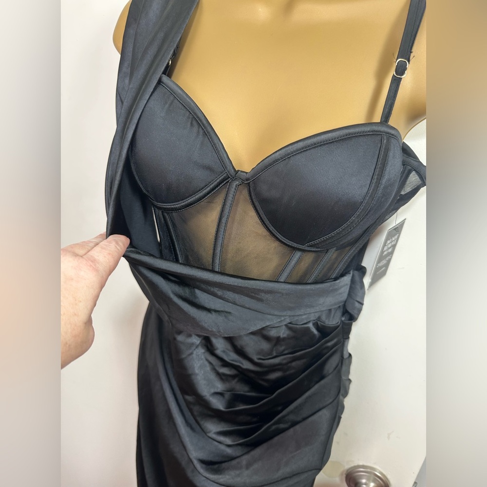 JLUXLABLE Black Anastacia‎ Satin Corset Drapy OneShoulder Front Slit Dress NWT S - Picture 8 of 16